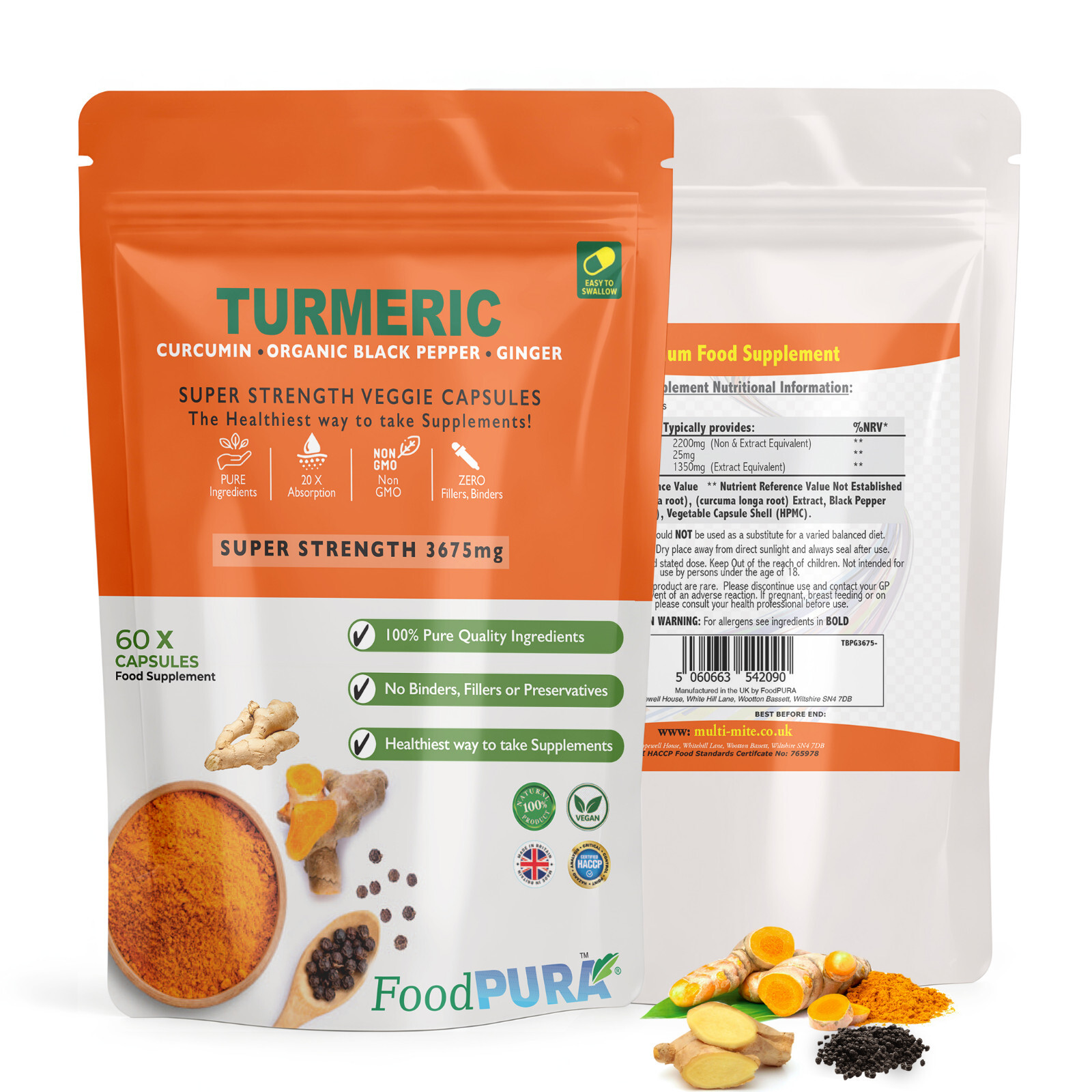 Turmeric (Curcumin) Capsules 3675mg + Organic Black Pepper + Ginger 60 Capsules