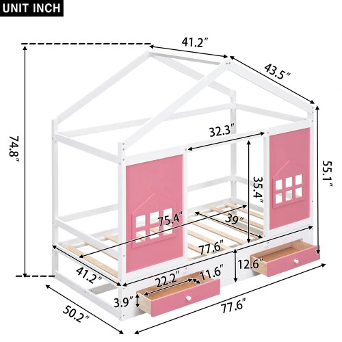 Cama de casa de madera maciza con cajones de almacenamiento doble tamaño plataforma cama niños marcos de cama Foto 2 de 4
