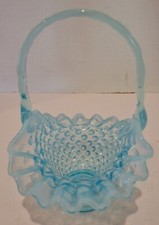 Beautiful Vintage Small 5.5 Fenton Art Glass Blue Hobnail Opalescent Basket EUC