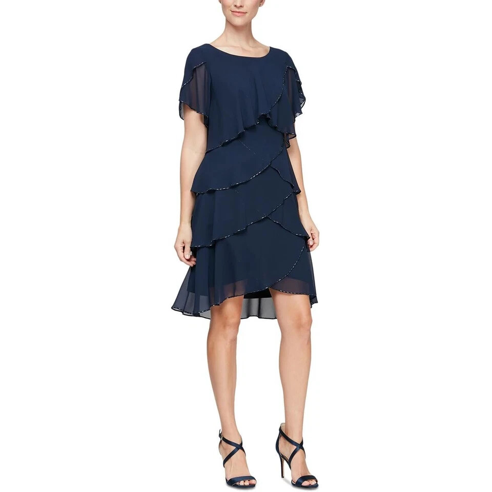 SLNY Womens Navy Chiffon Beaded Tiered Short Shift Dress SZ 6 Defects