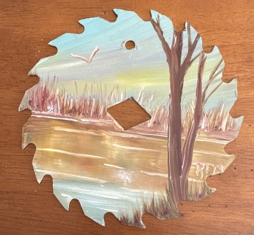 Vintage Hand Painted Saw Blade Wall Art Original Folk Art on Metal Saw Blade