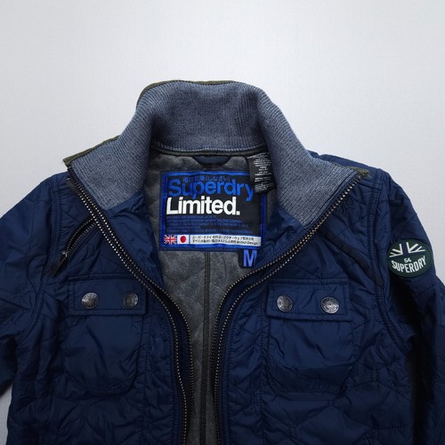 Superdry Limited Quilted Motorbike Jacket Size Medium Blue Double-Zip Moto Lined