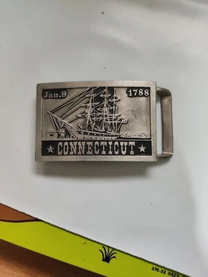 John McCann Pewter belt buckle  full mast sailing ship Connecticut  1788