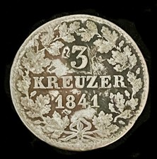 GERMAN STATES BADEN 1841 SILVER 3 KREUZER