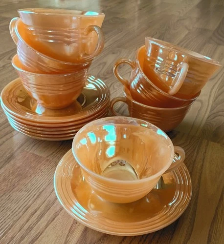 VTG Fire King Peach Lustre 3 Bands, 7 sets of Cups & Saucers, EUC Anchor Hocking