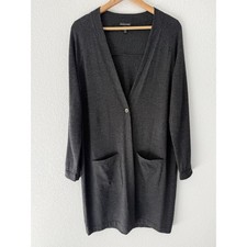 Eileen Fisher 100 Merino Wool One Button Long Cardigan Sweater Medium Grey