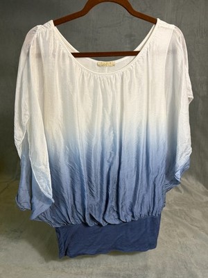 Silk Blend Blue Ombre Blouse Fairy Sleeves Romantic Sheer Whimsy Ethereal  L