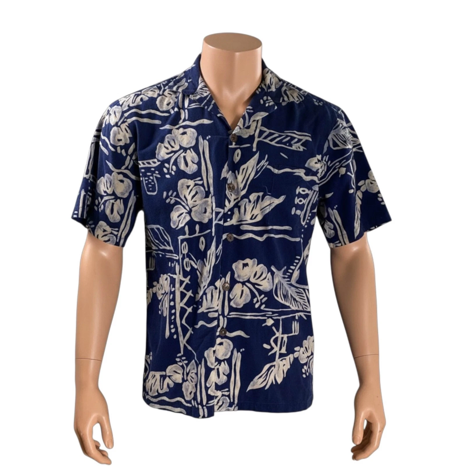 Hilo Hattie Hawaiian Aloha Shirt Medium Floral Abstract Flowers Leaves Blue Tan