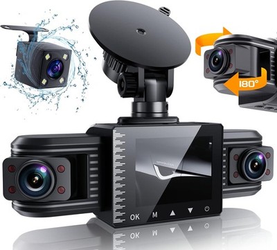T1-Pro Dash Cam Front Rear Inside 3 Channel 1080P, Adjustable Lens