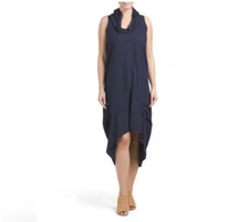 Cynthia Rowley Linen Blend Dress Women’s Medium Navy Blue Maxi Cowl Neck Hi Low