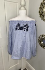 boohoo Blue White Striped Embroidered Off Shoulder Tunic Blouse Size S.