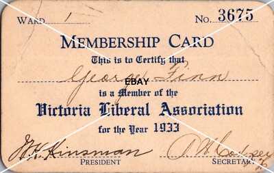 1933 Victoria Liberal Association Membership Card Ward 1 Signed No 3675 ...