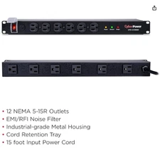 CyberPower CPS1215RMS Rackmount Surge Protector, 120V/15A, 12 Outlets, 15' Cable