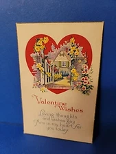 Antique VALENTINE WISHES Postcard  Flowery Garden Gate Cottage