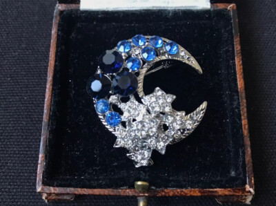 Vintage Stil Schmuck Art Deco Brosche Edelsteine Blau Mond