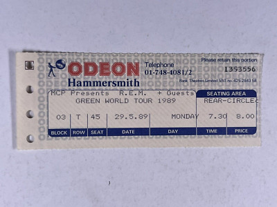 R.E.M Ticket Michael Stipe Green World Tour Odeon Hammersmith London Mai 1989