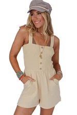 Beige Solid Color Buttons Smocked Sleeveless Romper
