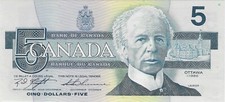 1986 $5 Bank of Canada Banknote Bill ANP Change over Knight Thiessen AU/UNC