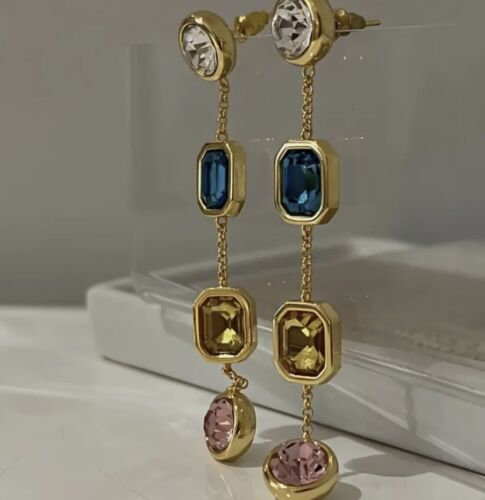 Anthropologie Earrings CZ Gold Multicolor Garland Dangle Stud Multi Gem Boho - Picture 3 of 9