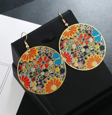 Flowery Colorful Enamel Circle Dangle Earrings T