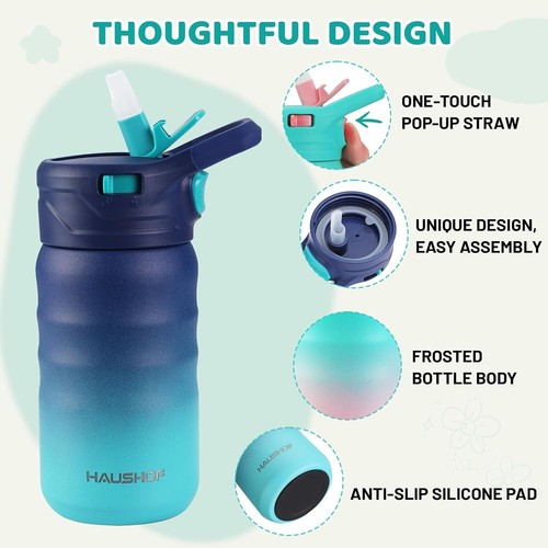 HAUSHOF Kinder Trinkflasche 12 oz BPA-frei mit Strohhalm und Aufklebern Edelstahl - Bild 3 von 28