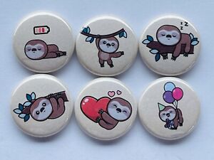Cute Sloths 1" Button Pin Back Set 7 pins Animals