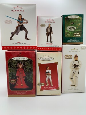 Hallmark Orn Lot 6 Star Wars Rey, Amidala (2), Han Solo (2), Battle of Naboo NEW