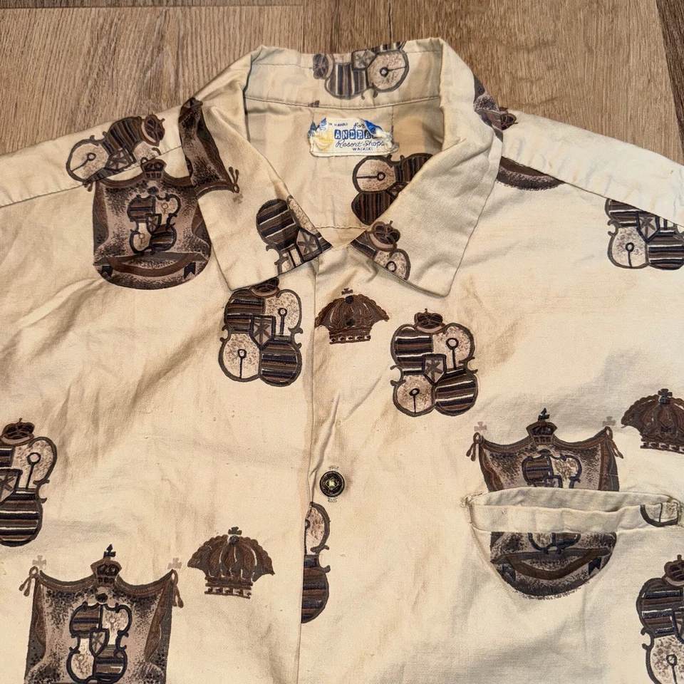 Mens Andrade Shirt Hawaiian Loop Collar Rockabilly Hawaii USA Vintage 50s 60s XL - Image 3 of 4