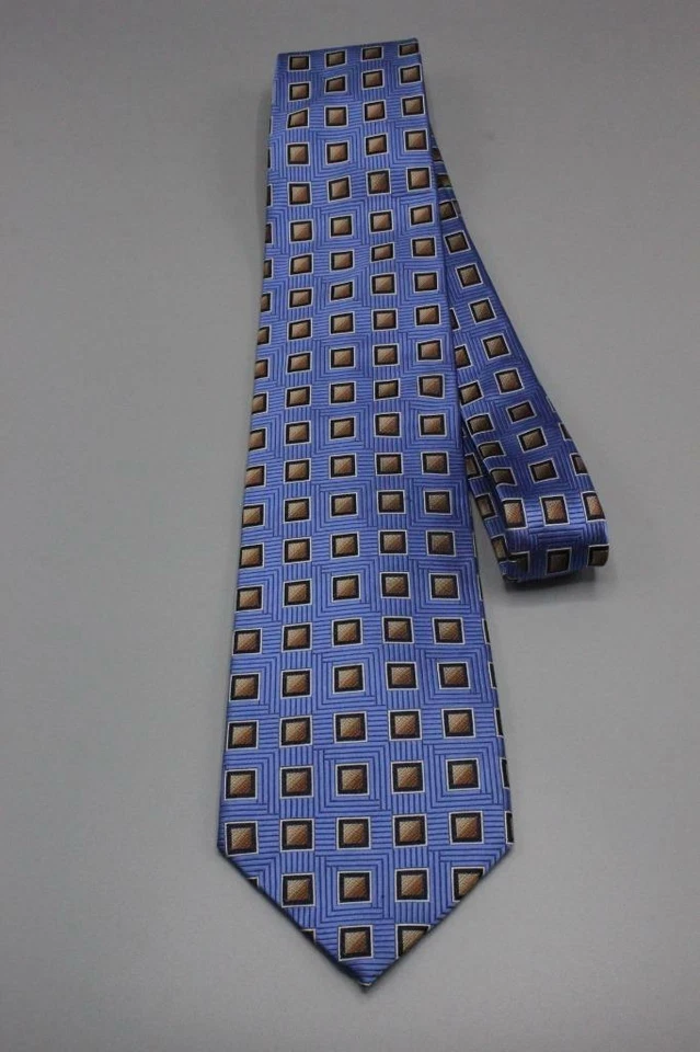 Gravata de seda Patrick James. Azul com geometria marrom. - Imagem 2 de 3