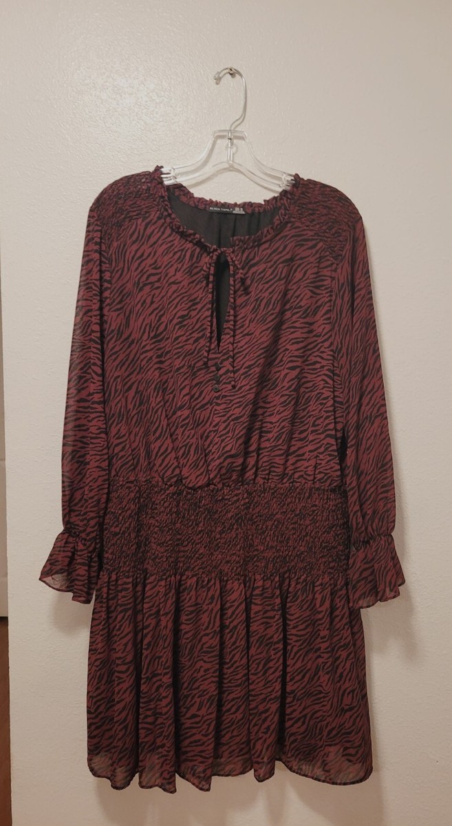 NWT Black Tape Dress Women Burgundy Black Zebra Print Long Sleeve