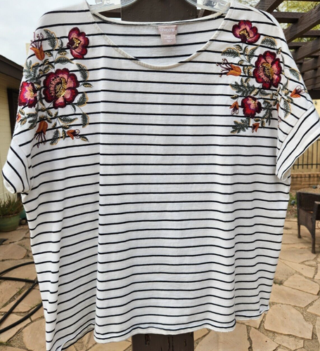 Chico's 100 % Baumwolle schwarz & weiß gestreift Top mit Stickerei Chico's 3 XL 16