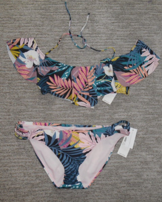 Raisins BIKINI SWIM Ruffle Moonstone LARGE Bra Top & XL Triple Side Bottom NWT