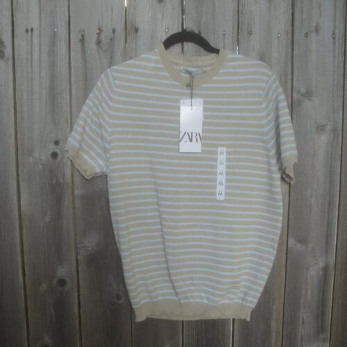 Zara Shirt Men's Size Med Tan Blue Striped Short Sleeve Cotton Round Neck NEW - Picture 2 of 4