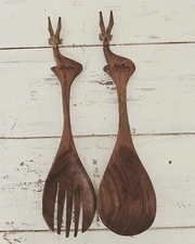 MCM Gazelle Brown Wooden Serving Fork & Spoon Large Vintage Carved