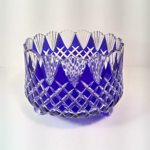 Bohemian Cobalt Blue Cut To Clear Crystal 9.5"x 6 3/4" Sawtooth 3 Footed Bowl - Picture 18 of 24