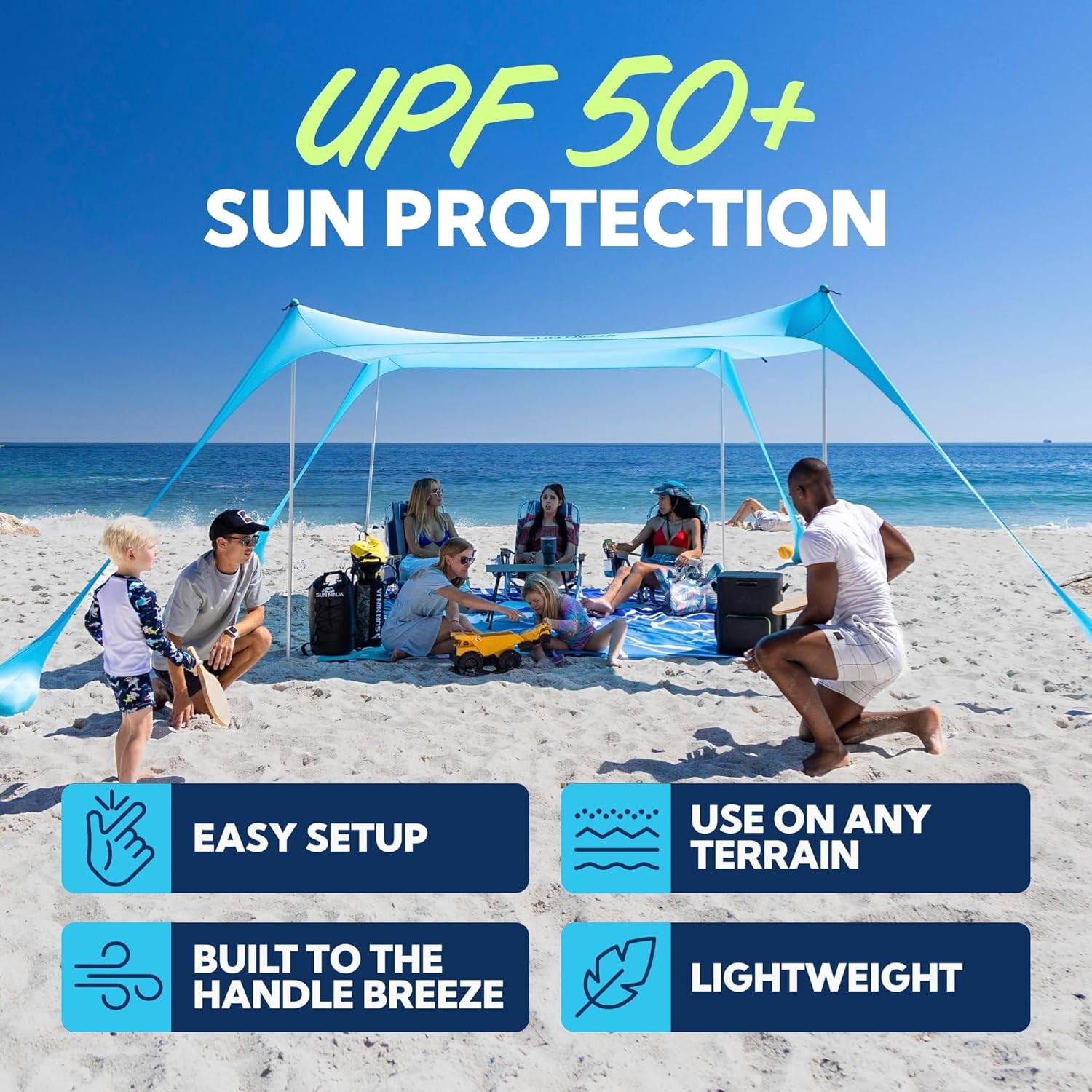 SUN NINJA Beach Tent Sun Shelter UPF50+ -Easy Pop Up Beach Canopy (Open Box)