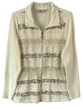 Quacker Factory Lace Sequin Velour Jacket Sz M Ivory Zip Front A258394 Women ZE2