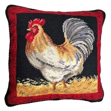 Rooster Needlepoint Pillow Farmhouse Decor Country Chicken Accent Black Velvet