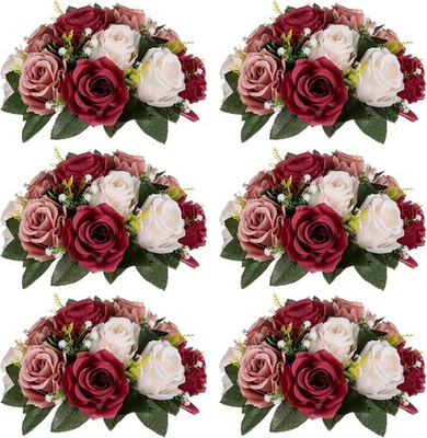 Set of 6 Silk Flower Balls - Burgundy & Creamy White Wedding Centerpieces