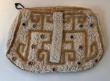Vintage Ivory Beaded Art Deco Clutch Zipper Bag Small Stain inside Ships FREE US