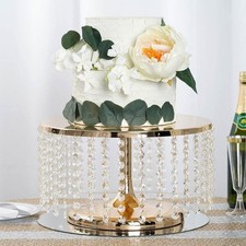 14" Gold Round Cake Stand Riser with Acrylic Crystal Chains Dessert Display