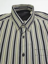 Tommy Bahama Size Medium Mens Silk Black Sage Gray Stripe Button Down Logo Shirt