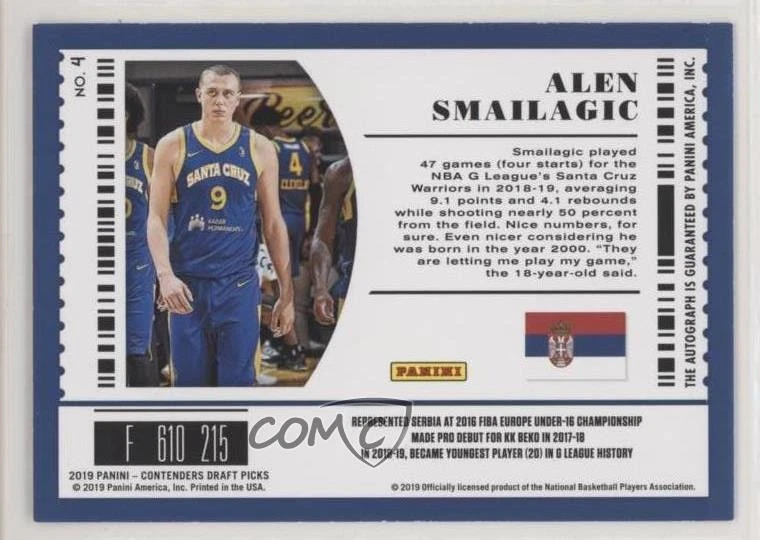 2019 Contenders Draft Picks Playoff Ticket /18 Alen Smailagic #4 Rookie Auto RC - Image 2 of 2
