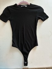 SO Women's Black Ribbed Short Sleeve Bodysuit Stretch Opaque Solid Size S