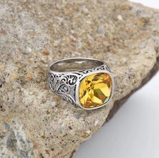 Men’s Ring Stainless Steel Silver Color Yellow Gemstone Square Shape Stylist