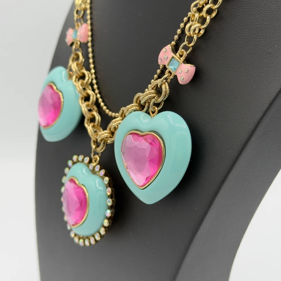 Betsey Johnson Candy Land Heart Necklace Retired Statement Aqua Blue Pink - Image 4 of 4