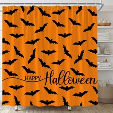 Halloween Bat Shower Curtain Orange Horror Bats Spooky Scary Fabric Bathroom ...