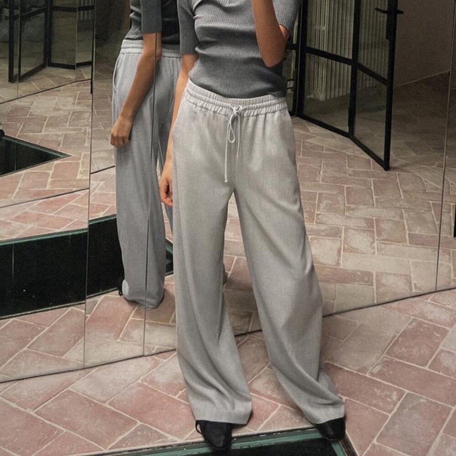Zara Light Grey Wide Leg Trousers with Elastic Waist, Size L