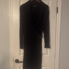 Lauren Navy Faux Wrap Shawl Collar Sweater Dress with Buckle Waist