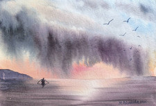 PESCATORE BARCA BERDS CIELO NUVOLOSO dipinto arte originale paesaggio paesaggio paesaggio marino regalo A5